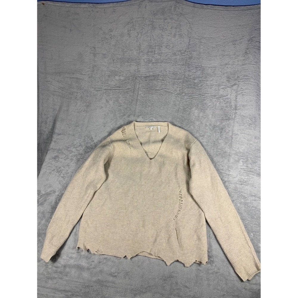 Helmut Lang Distressed V Neck Knit Sweater's Womens M Beige  Long Sleeve
